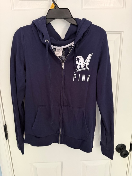 PINK Victoria's Secret Tops - PINK Milwaukee Brewers Hoodie with White Trim and Contrast Stitching